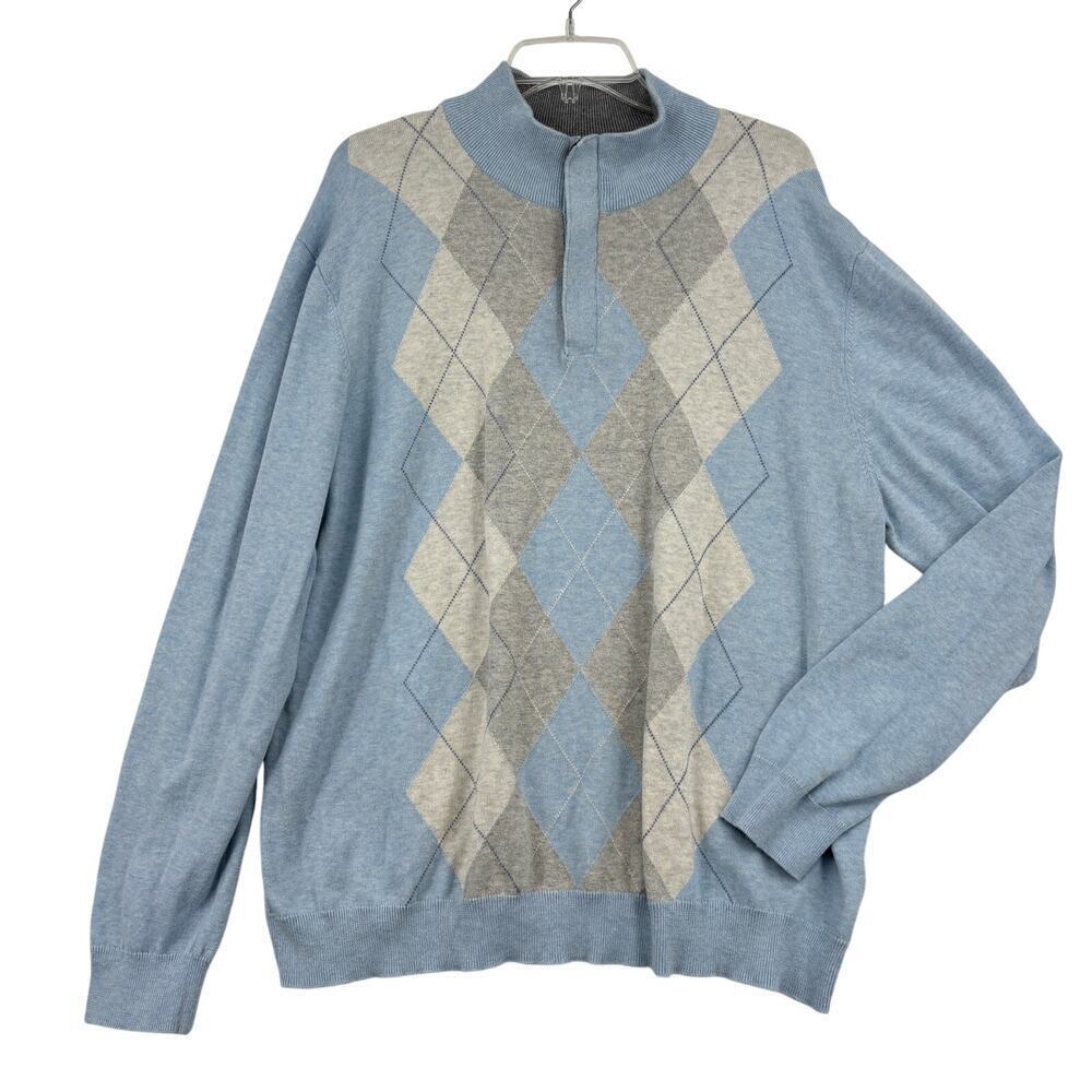 Tasso Elba Quarter Zip Sweater Mens Size L Blue Gray Argyle Cotton Long Sleeve